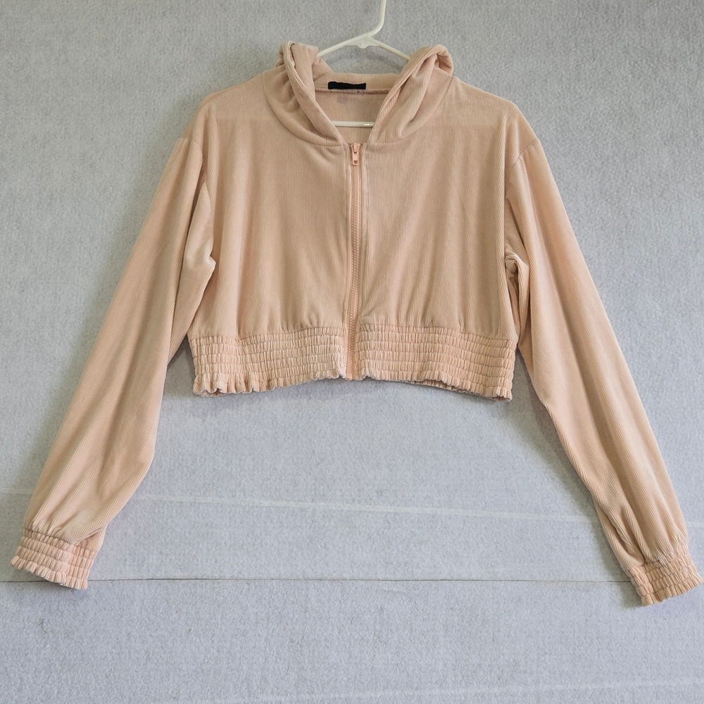Vivre La Vie Womens XL Peach Ribbed Cropped Zip-Up Hoodie Smocked Waist B#303